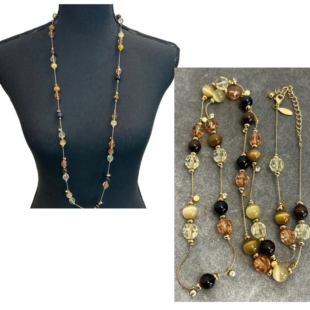 LATASIA black tan brown cream gold tone long beaded necklace